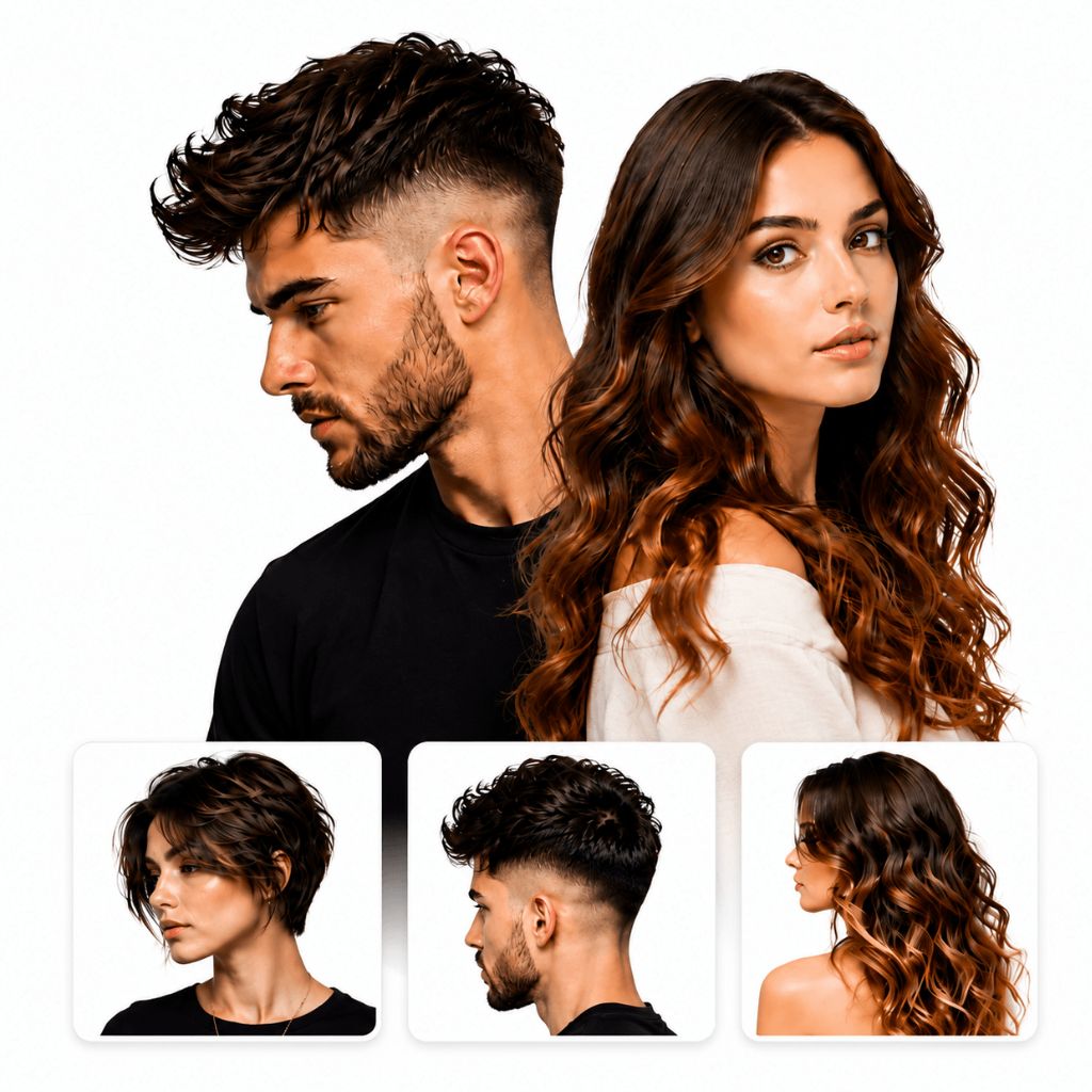 Male and female hairstyle collage featuring a textured fade haircut, short pixie cut, and long wavy hairstyle on a white background.