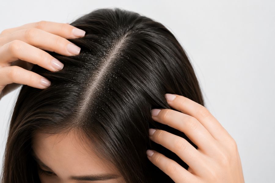 Hair Dandruff and Hair Loss showing a close-up scalp with mild dandruff flakes along the hair part