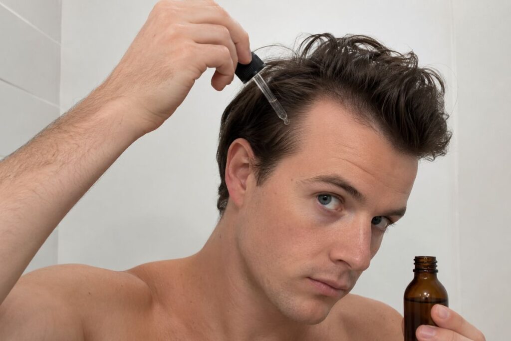 Man applying minoxidil foam to hairline