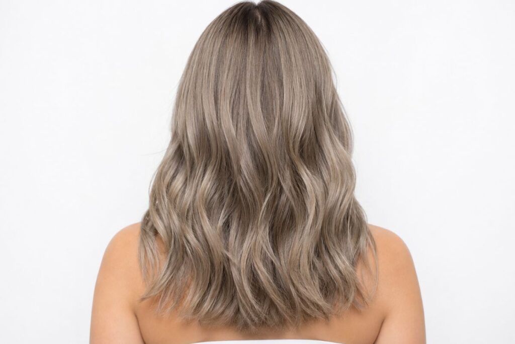 Ash blonde hair color level 7 with cool smoky tones