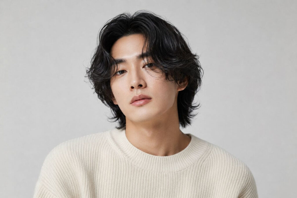 Asian wavy perm for men with middle part and loose waves on both sides