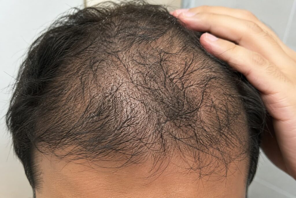 Bald scalp with visible dandruff, showing dandruff and hair loss can occur without hair coverage