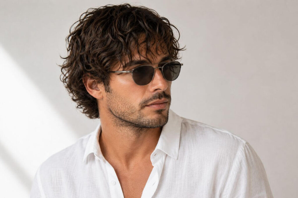Beach wave perm for men with relaxed tousled waves of varying widths
