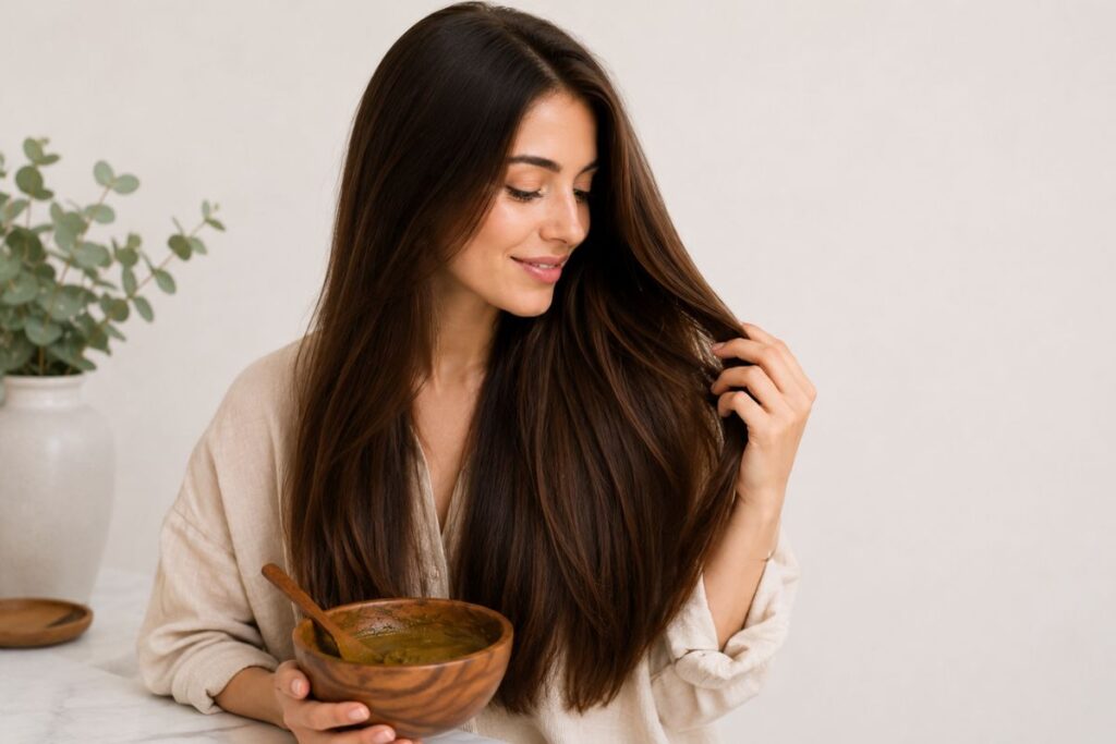 Benefits of henna for hair with healthy shiny brunette hair