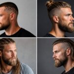 Viking haircuts for men with a buzz cut, Viking man bun, braided long hair, and long undercut hairstyle.