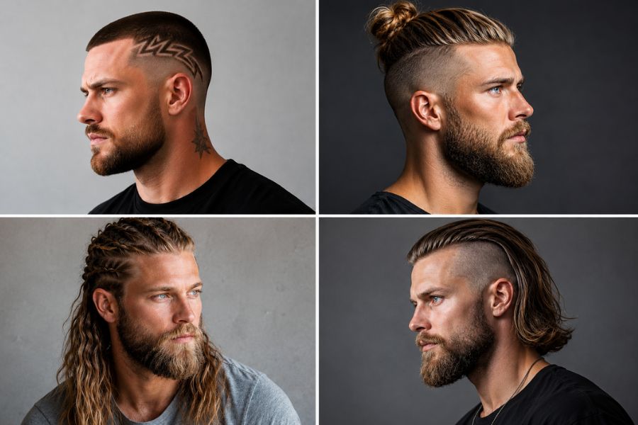 Viking haircuts for men with a buzz cut, Viking man bun, braided long hair, and long undercut hairstyle.