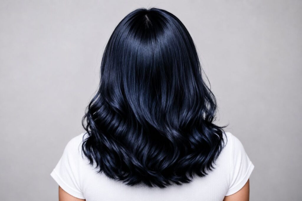 Blue black hair color with visible blue sheen catching natural light