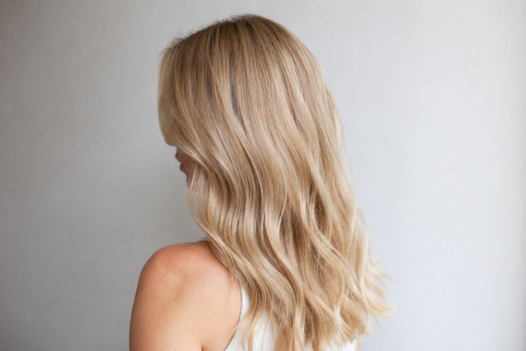 Butterscotch blonde hair color level 7 with soft warm muted golden tones