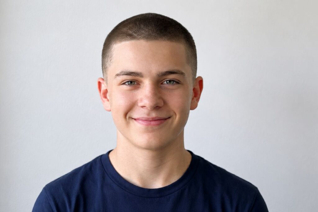 Buzz cut haircut for teen boys with sharp hairline lineup and taper near temples