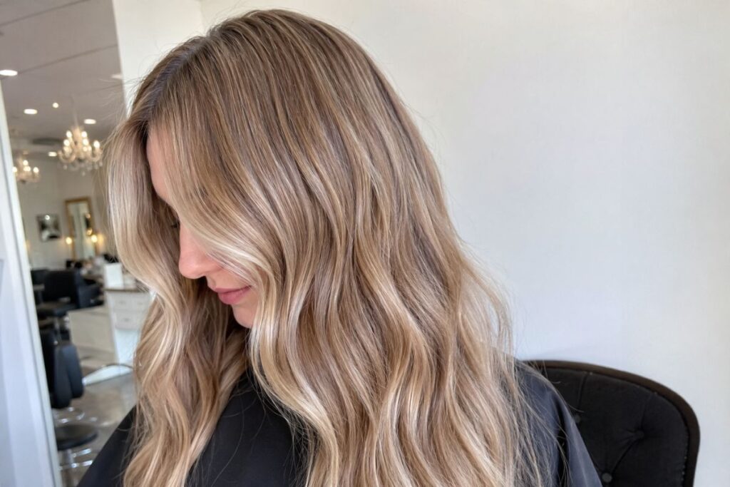 Close up of caramel beige blonde hair tone