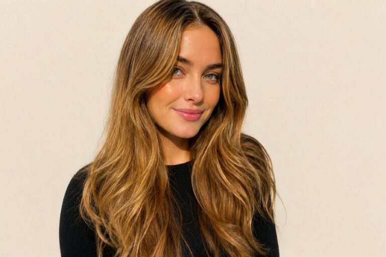 Woman with warm caramel blonde hair color