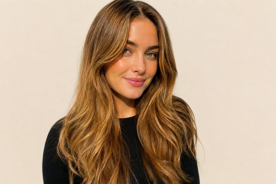 Woman with warm caramel blonde hair color