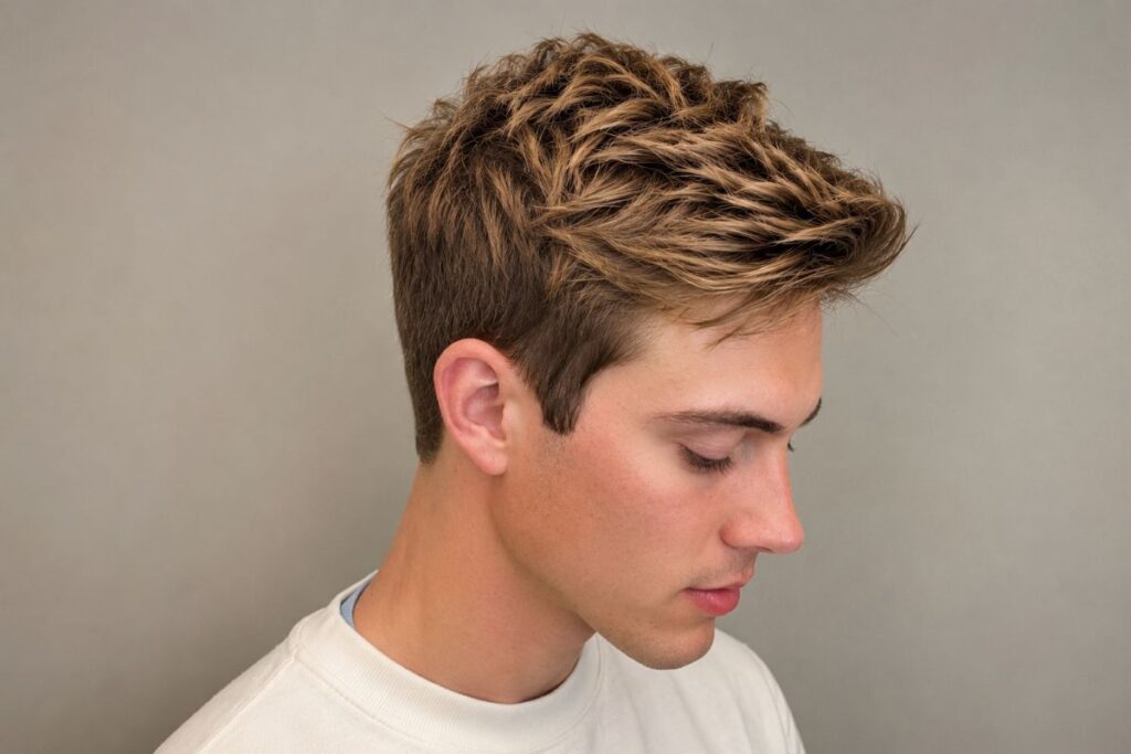 Man with short haircut and caramel blonde highlights