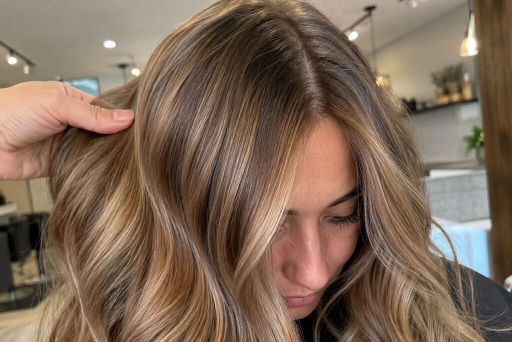 Close up of caramel and bronze blonde hair color