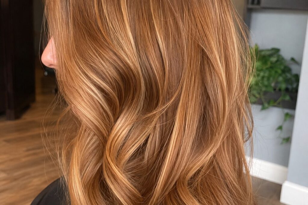 Close up of caramel butterscotch blonde hair color