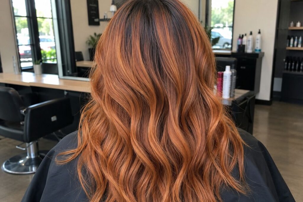 Caramel cinnamon hair color with dark roots