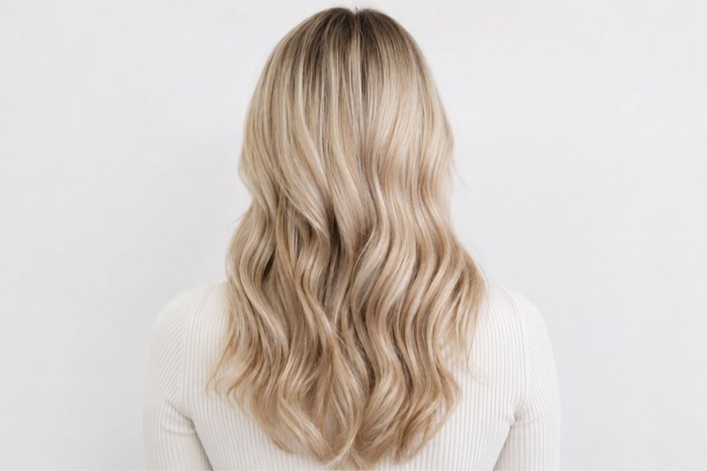 Champagne blonde hair color level 8 with soft pearl beige undertones