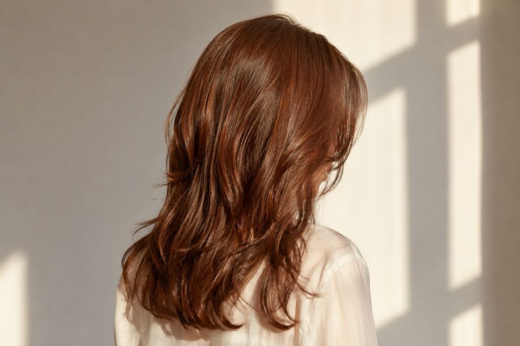 Cinnamon brown hair color level 5 with warm spiced red brown tones