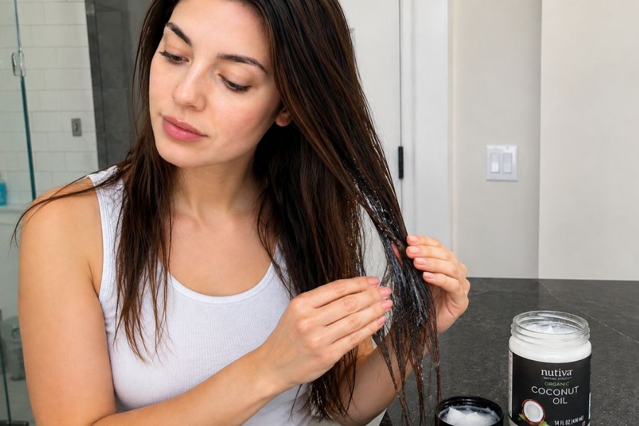 Woman applying coconut oil to hair roots for hair growth
