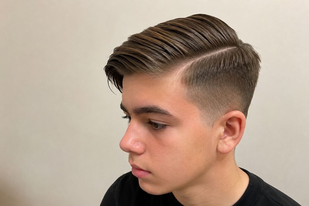 Comb over haircut for teen boys with longer top swept smoothly to one side