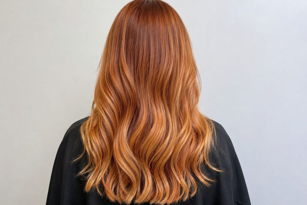 Close up of copper caramel blonde hair color