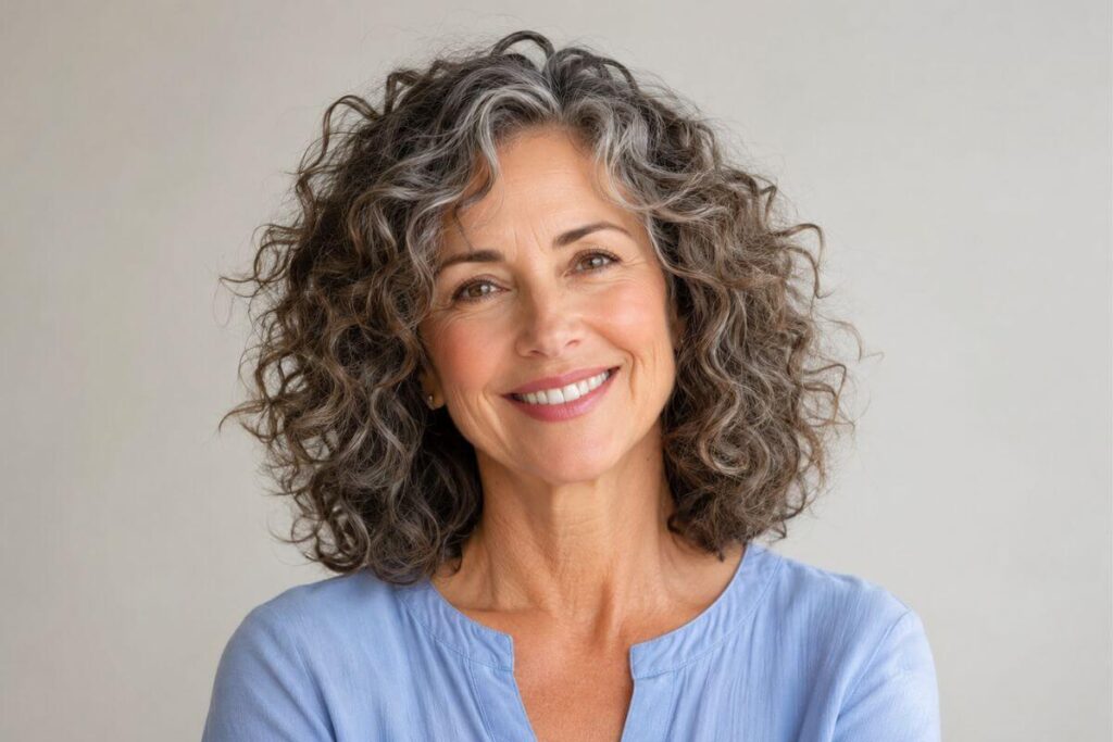 curly sholder length hairstyle for women over 50
