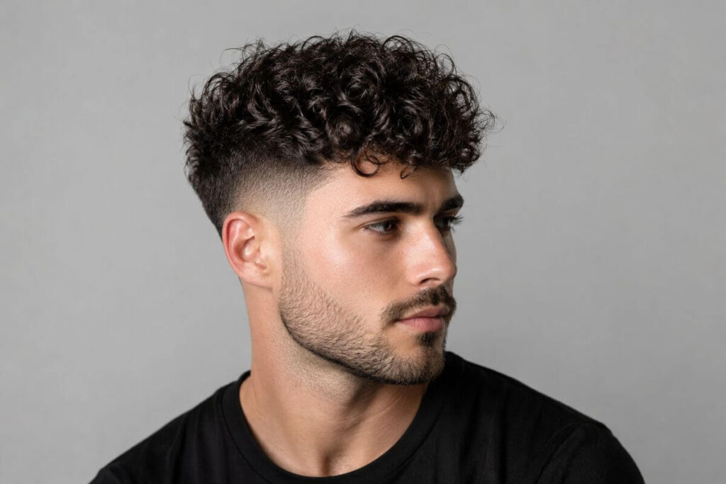 Curly undercut perm for men with textured curls on top and faded sides