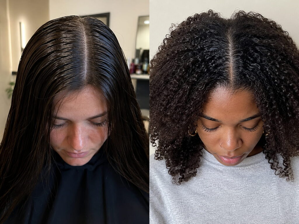 Comparison of straight and curly hair showing oily hair differences