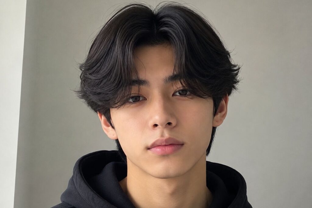 Curtain bangs hairstyle for teen boys with hair parted down the middle