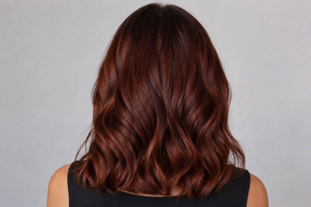 Dark auburn hair color level 4 with deep red brown tones in sunlight