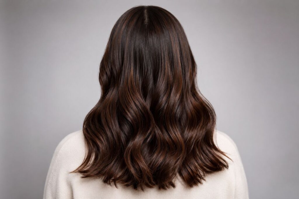 Dark chocolate brown hair color level 4 with warm reddish undertones
