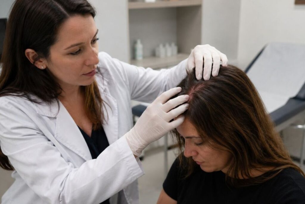 Dermatologist examining scalp irritated by harsh shampoo