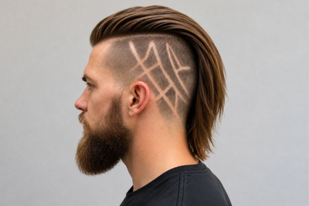 Disconnected undercut viking haircut with hard line shaved sides and longer top