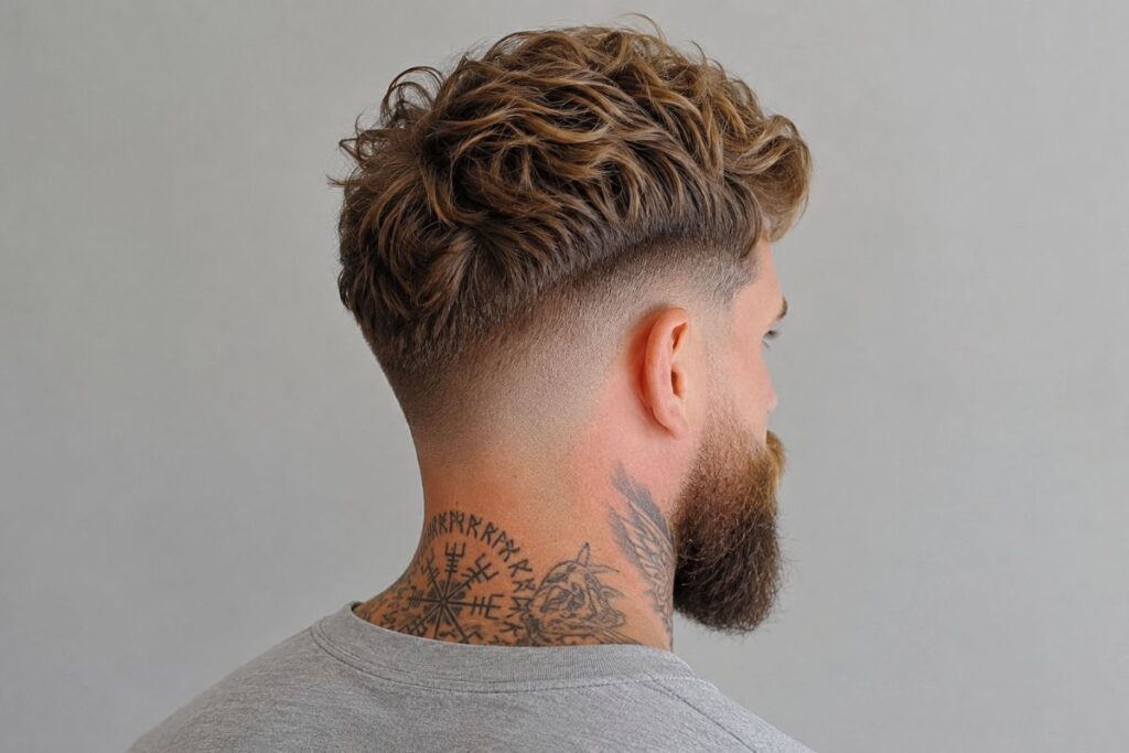 Viking drop fade haircut with curved fade line behind the ear and wavy top