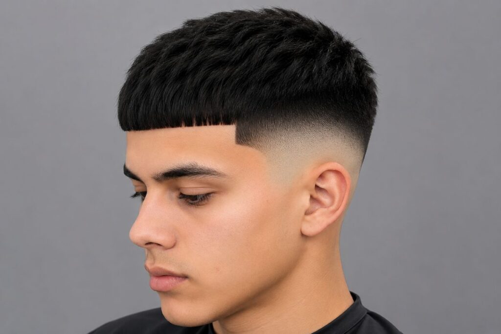 Edgar cut haircut for teen boys with blunt straight fringe and sharply faded sides