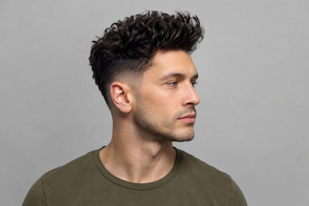 Faux hawk with permed curls for men with natural lift down the centre