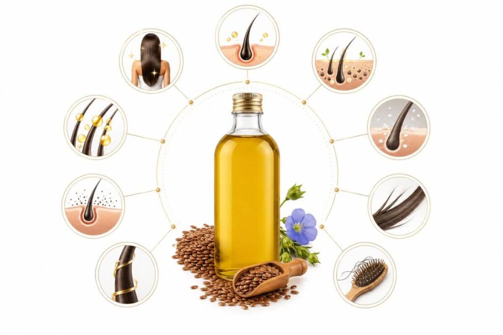 flaxseed oil benefits for hair including growth, moisture, shine, frizz control, and scalp health.