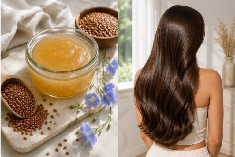Flaxseed oil benefits for hair shown with healthy shiny brunette hair, homemade flaxseed gel, and whole flaxseeds.