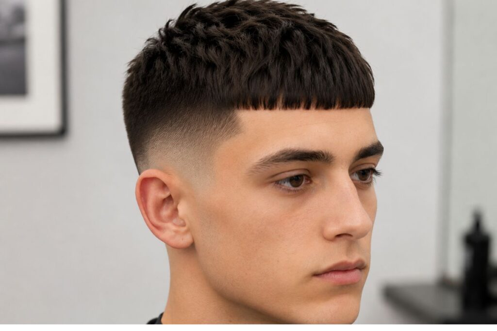 French crop haircut for teen boys with blunt fringe and tightly faded sides