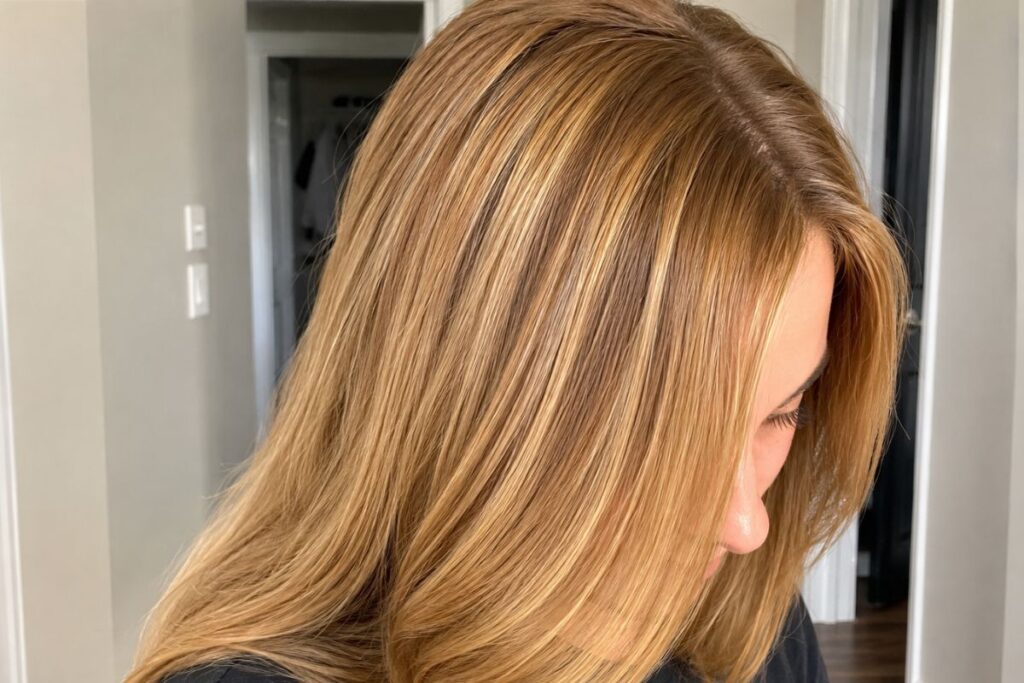 Close up of golden caramel blonde hair color