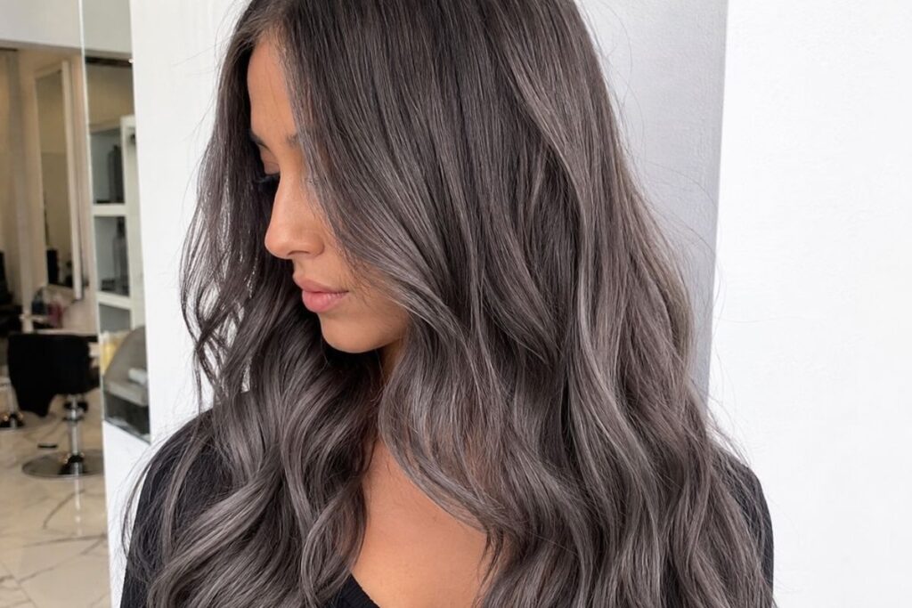 Graphite ash blonde hair with smoky cool tones