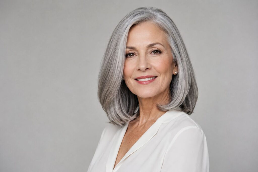 gray sleek lob over hairstyle 50 women