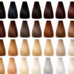 Professional hair color chart featuring salon-quality hair swatches from Level 1 Jet Black to Level 10 Vanilla Blonde, including black, brown, blonde, copper, caramel, ash, honey, platinum, silver, and pearl shades.