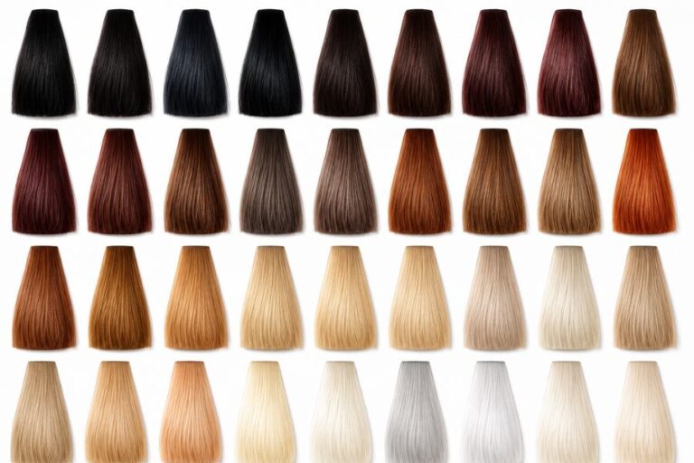 Professional hair color chart featuring salon-quality hair swatches from Level 1 Jet Black to Level 10 Vanilla Blonde, including black, brown, blonde, copper, caramel, ash, honey, platinum, silver, and pearl shades.