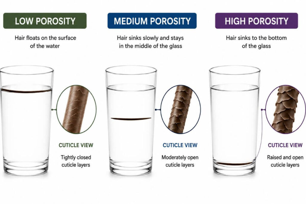 Hair porosity float test showing low, medium, and high porosity hair strands in glasses of water.