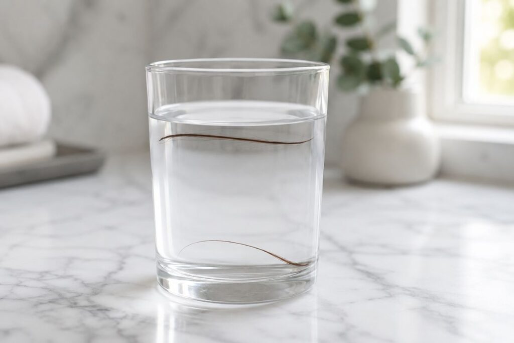 Hair strand floating and sinking in water during a hair porosity test