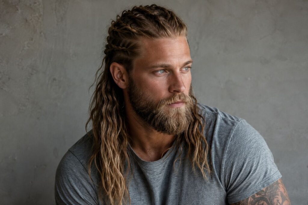 Viking half braid haircut with front sections braided and crown falling loose