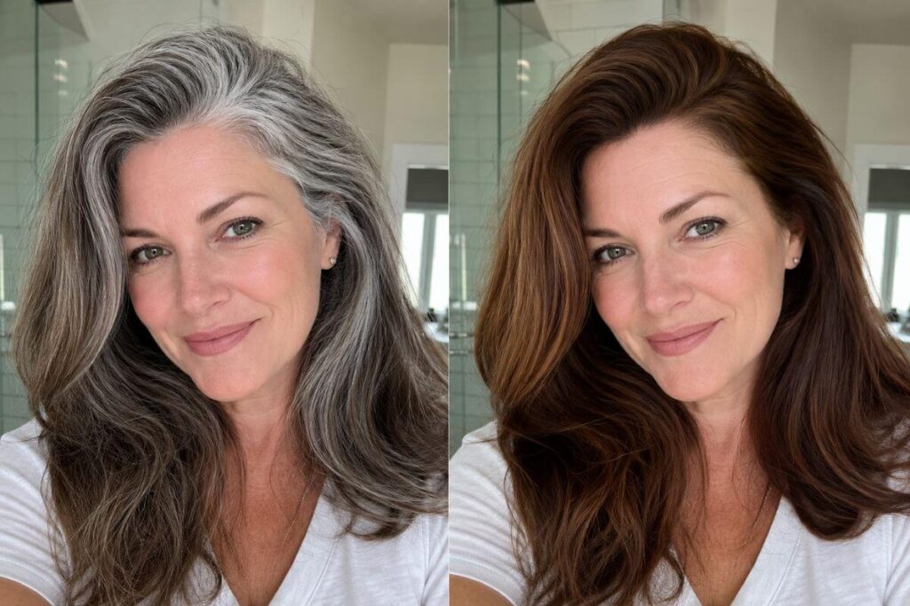 Before and after pure henna gray hair coverage comparison.
