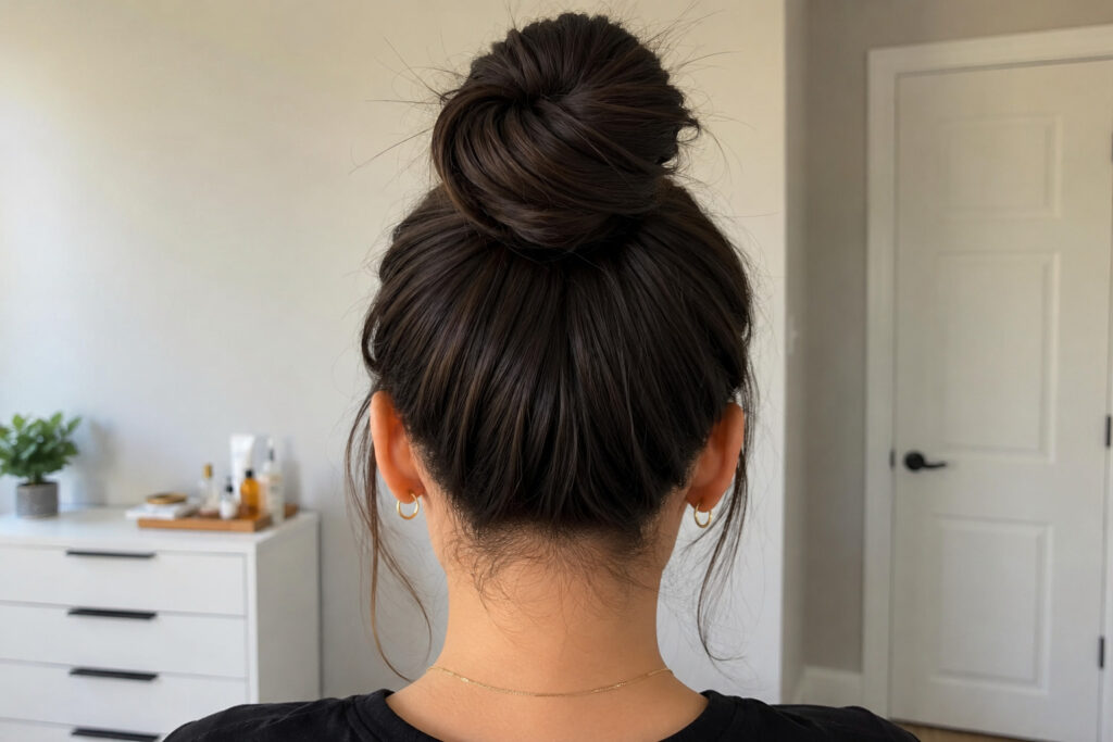 High bun hairstyle hiding roots on oily hair