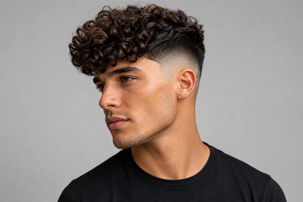 High fade with permed curls on top for men creating sharp bold contrast